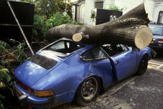 Porsche hit by a tree in the Great Storm Chelsea 1987