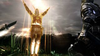 A screenshot shows Solaire covered in golden light in Dark Souls 2.