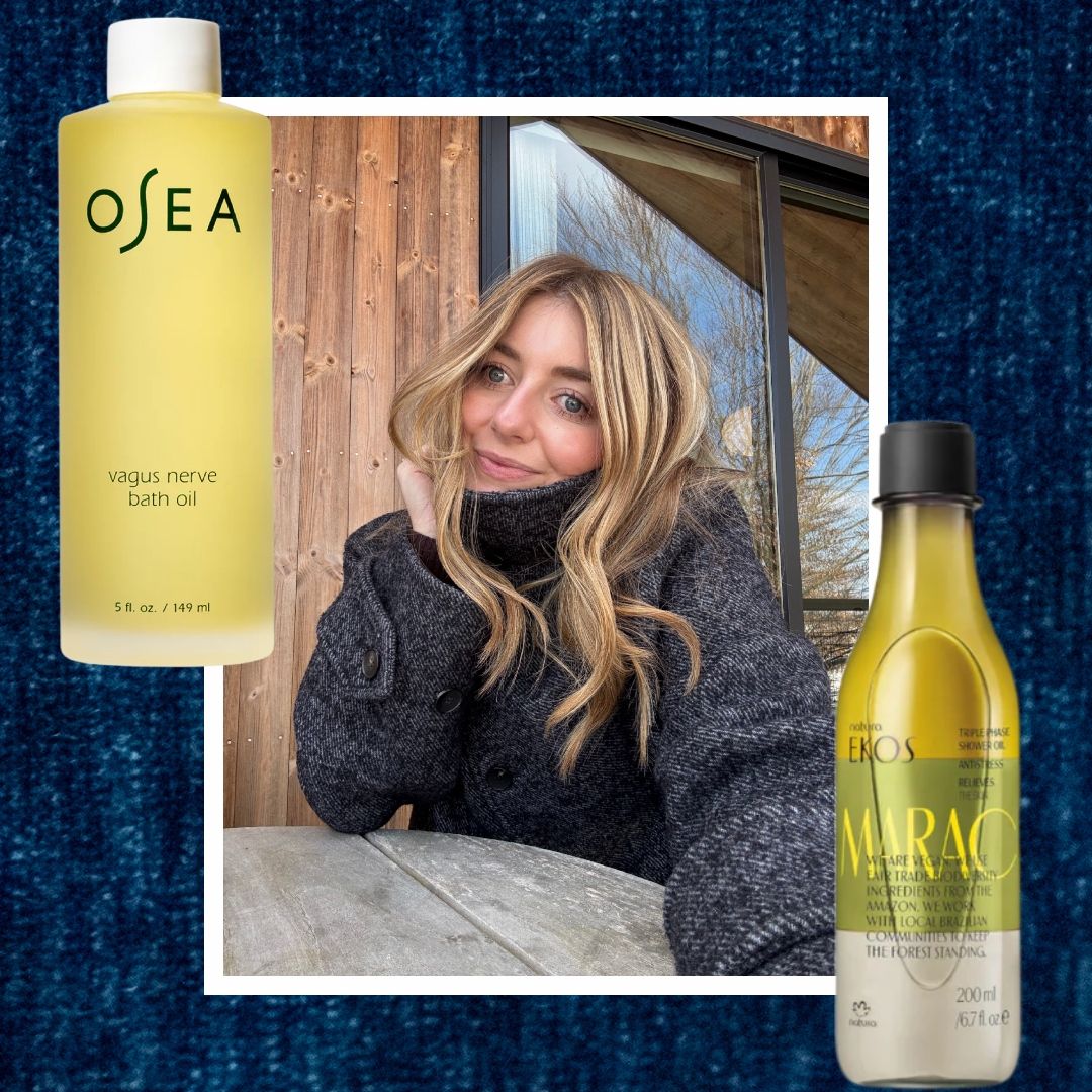 samantha holender on a navy background surrounded by shower oils