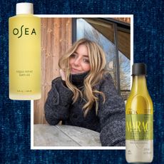 samantha holender on a navy background surrounded by shower oils