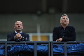 Alan Shearer and Gary Lineker at a game in England for the Premier League as Thomas Tuchel is announced as new manager