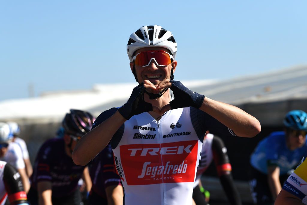 ROQUETAS DE MAR SPAIN FEBRUARY 14 Edward Theuns of Belgium and Team TrekSegafredo during the 34th Clsica de Almeria 2021 a 1833km race from Pueblo de Vicar to Roquetas de Mar Valentines Day ClasicaAlmeria21 on February 14 2021 in Roquetas de Mar Spain Photo by Tim de WaeleGetty Images