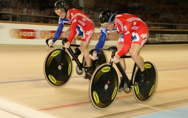 Sir Chris Hoy (Great Britain) starts the final leg of the men's team sprint when Ross Edgar swung over to let him through.