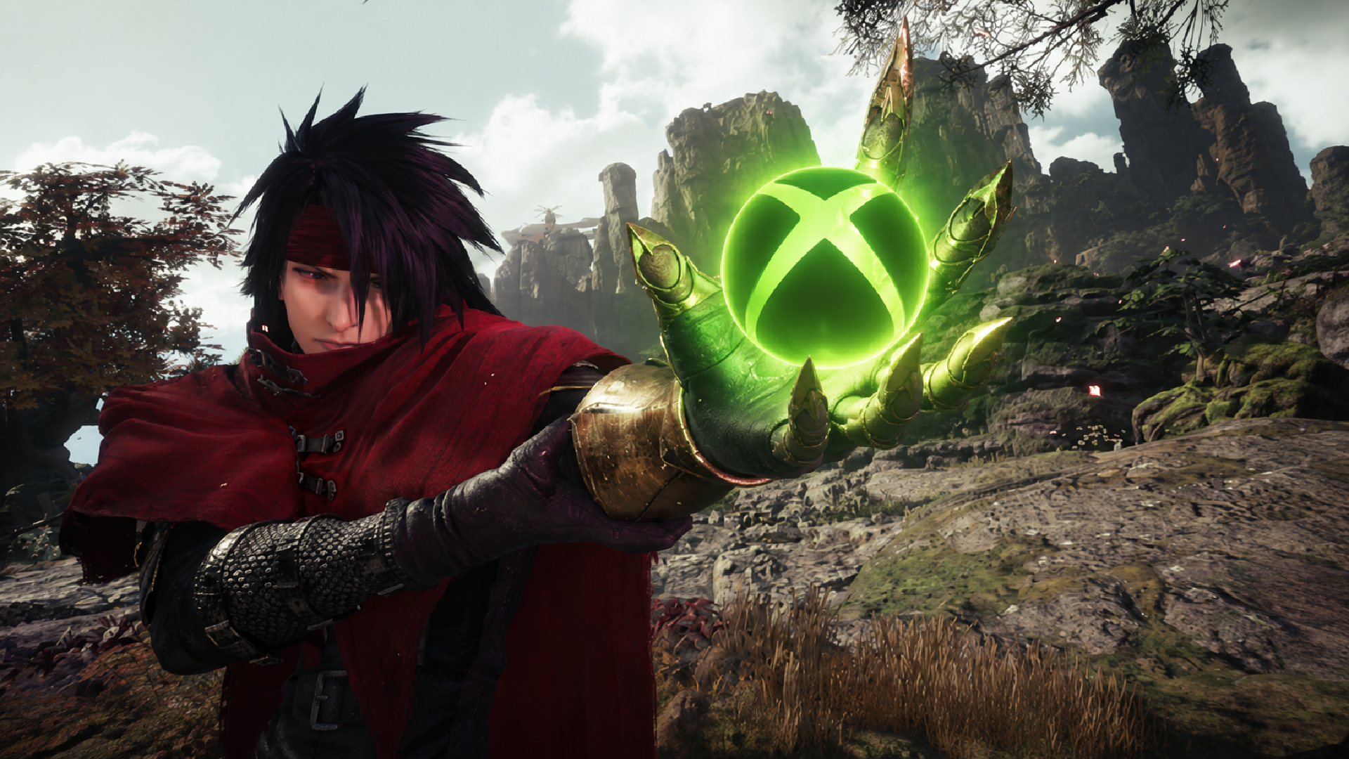 Vincent Valentine from Final Fantasy VII Revelation holds a glowing green Xbox orb in his clawed hand, standing in a rocky wilderness with towering cliffs in the background.