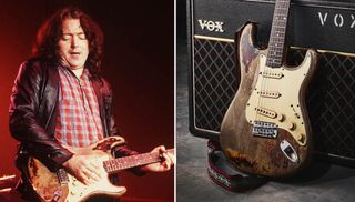 Rory Gallagher plays his 1961 Fender Stratocaster onstage (left), the 1961 Fender Stratocaster in question