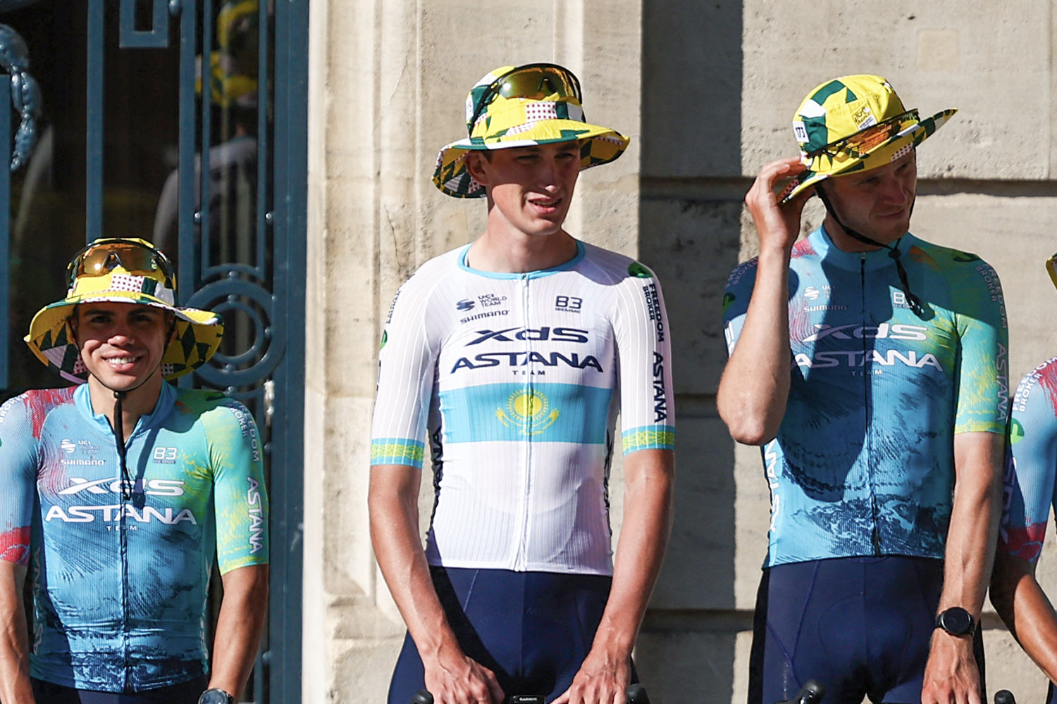 National champions jerseys during the official teams presentation days prior to the start of the 112th edition of the Tour de France cycling race, in Lille, northern France, on July 3, 2025. (Photo by Anne-Christine POUJOULAT / AFP)