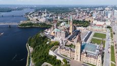 Birds-eye view of Canadian Parliament, Parliament Hill, House of Commons, and East Block in downtown of Ottawa.