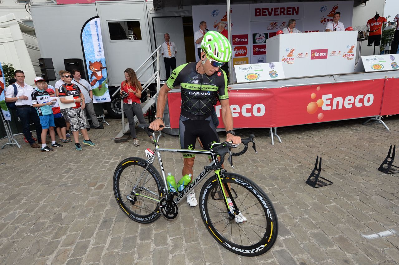 Koren Kristjan gets back on his bike after sign on