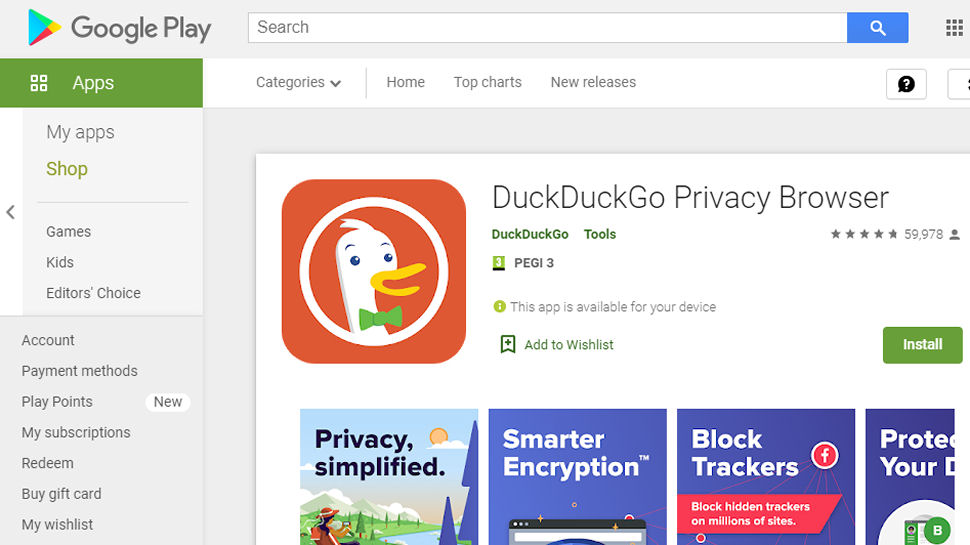 Website screenshot of DuckDuckGo