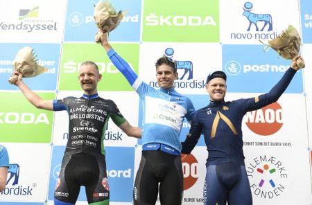 The final podium in Denmark: Rasmus Quaade, Wout Van Aert and Lasse Norman Hansen