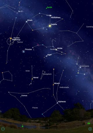 Perseus is a northern constellation that occupies the sky between the Pleiades cluster in Taurus and the W-shaped constellation Cassiopeia, high in the western evening sky during winter. It is shown here at 9 p.m. in your local time zone.