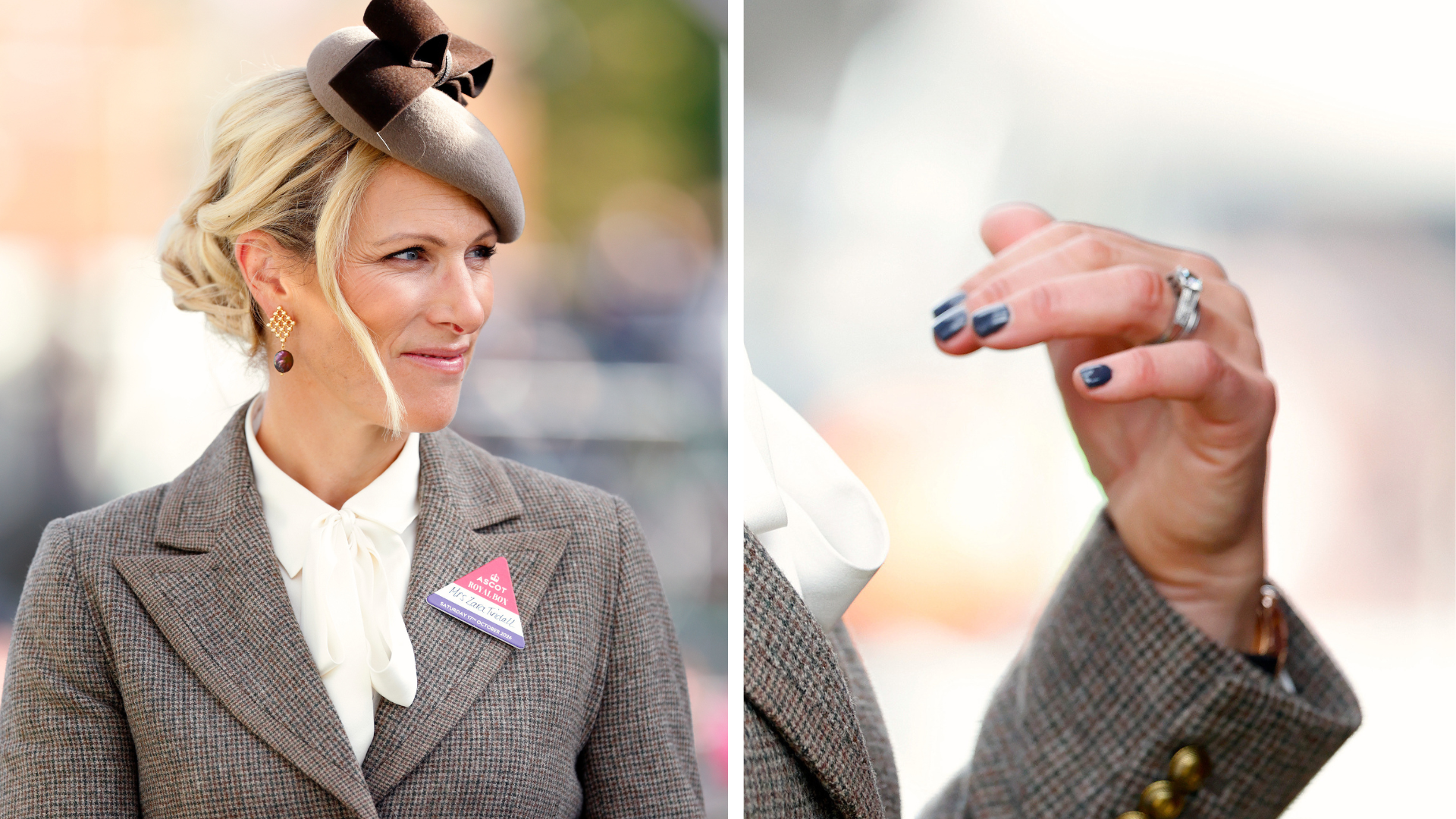 (L) Image of Zara Tindall pictured at 2026 British Champions Day wearing a taupe brown blazer and fascinator (R) close-up image of Zara Tindall's navy glossy nails