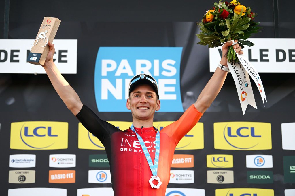 USA&#039;s Magnus Sheffield of Ineos Grenadiers celebrates at podium as stage 8 winner of Paris-Nice