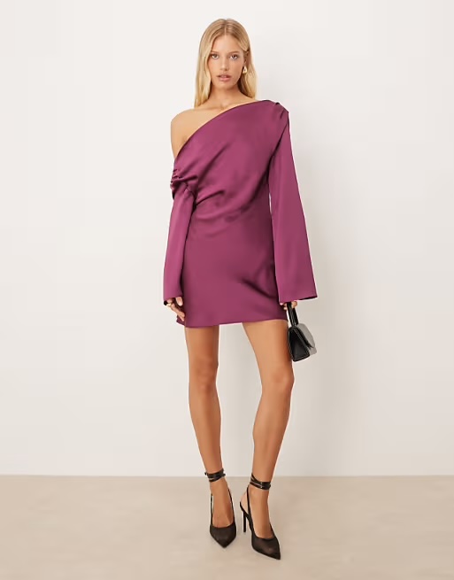 ASOS DESIGN, Satin Drape Long Sleeve Off The Shoulder Mini Dress in Plum