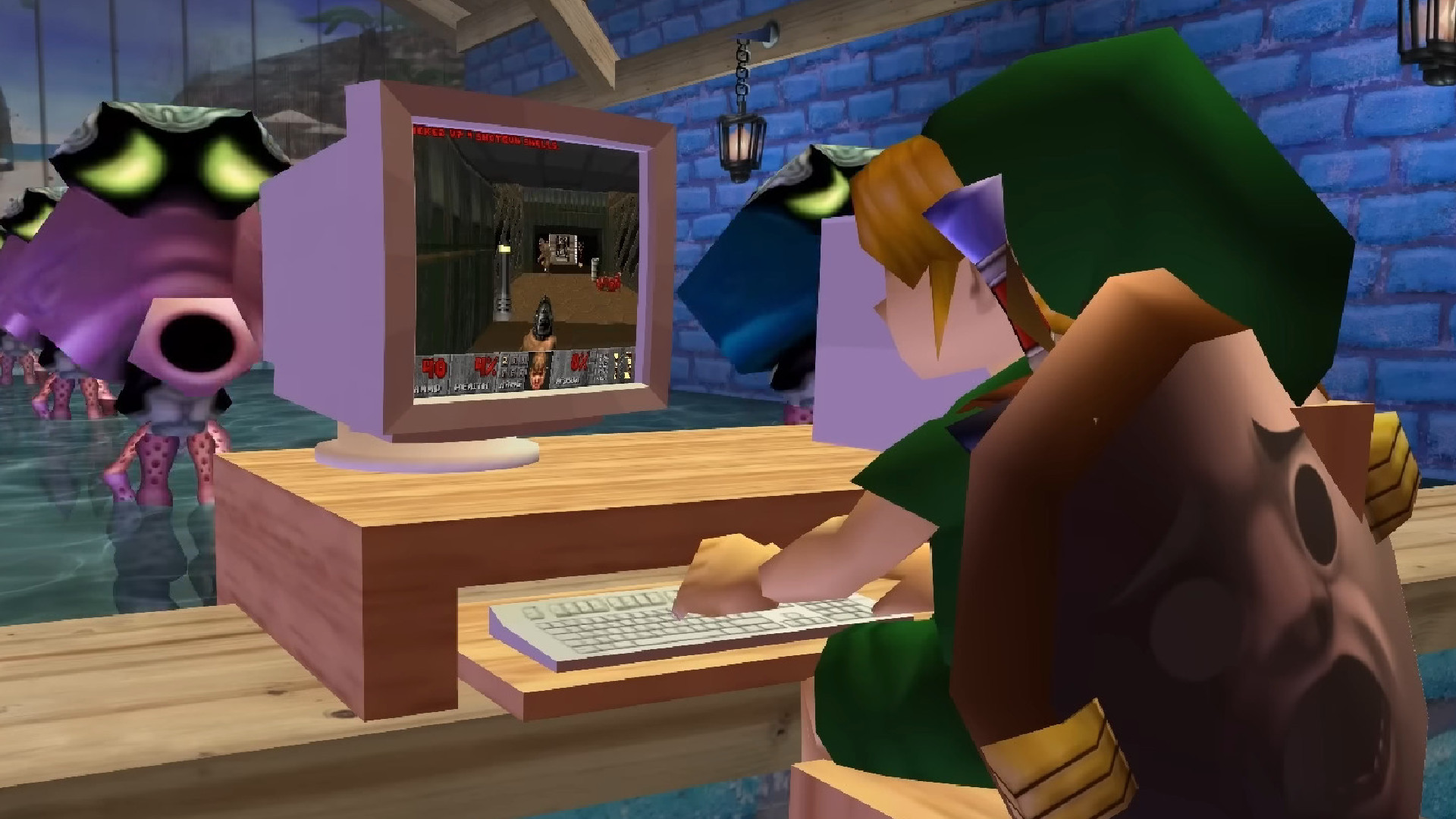 Link plays Doom at a desktop PC in The Legend of Zelda: Majora&#039;s Mask