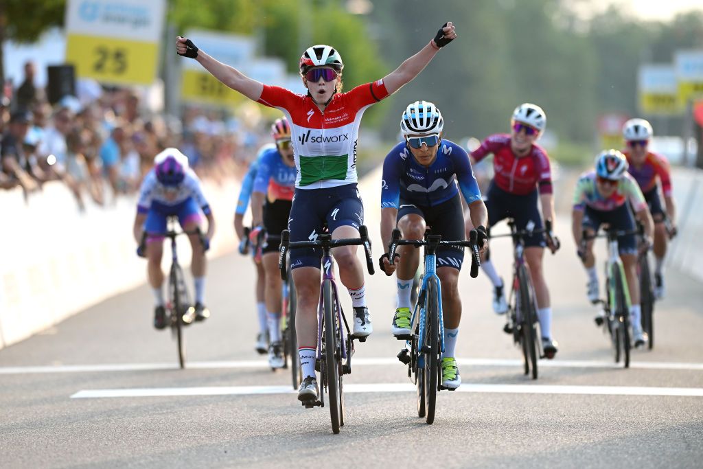 WEINFELDEN SWITZERLAND JUNE 17 Kata Blanka Vas of Hungary and Team SD Worx celebrates at finish line as stage winner ahead of Arlenis Sierra Canadilla of Cuba and Movistar Team during the 3rd Tour de Suisse Women 2023 Stage 1 a 56km stage from Weinfelden to Weinfelden UCIWWT on June 17 2023 in Weinfelden Switzerland Photo by Dario BelingheriGetty Images