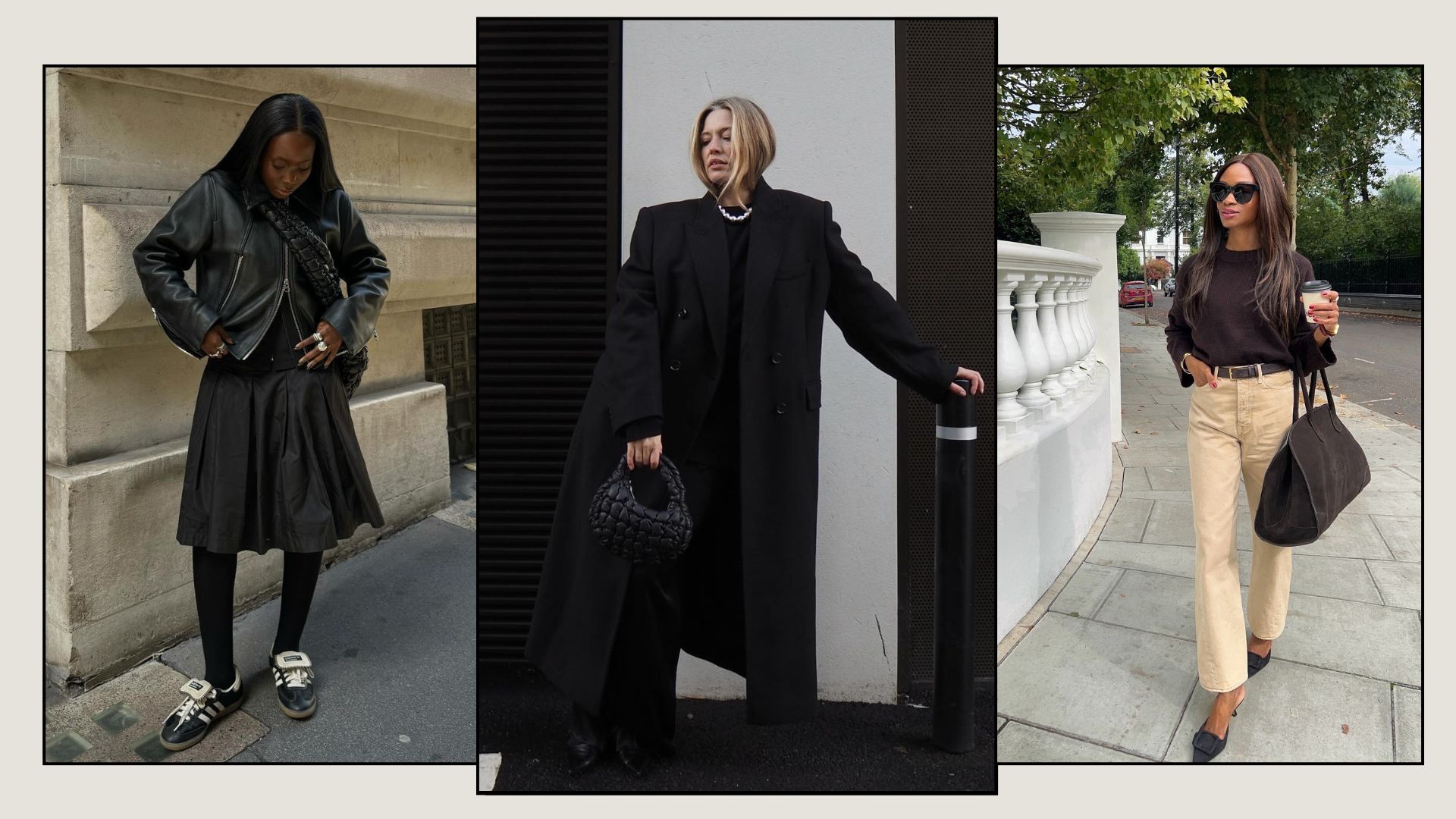 Woman wears leather jacket, black skirt, tights and trainers; woman wears black coat, black top, black trousers and black bag; woman wears brown jumper, cream jeans, brown heels and brown bag