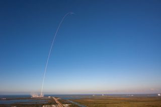 This spectacular launch streak captures the launch of a SpaceX Falcon 9 rocket as it sends the Inmarsat-5 F4 satellite into orbit from Pad 39A at NASA's Kennedy Space Center in Cape Canaveral, Florida on May 15, 2017.