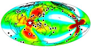 A map of the earthquakes triggered around the globe within a week of the April 2012 earthquake off the coast of Sumatra, shown as a white star.