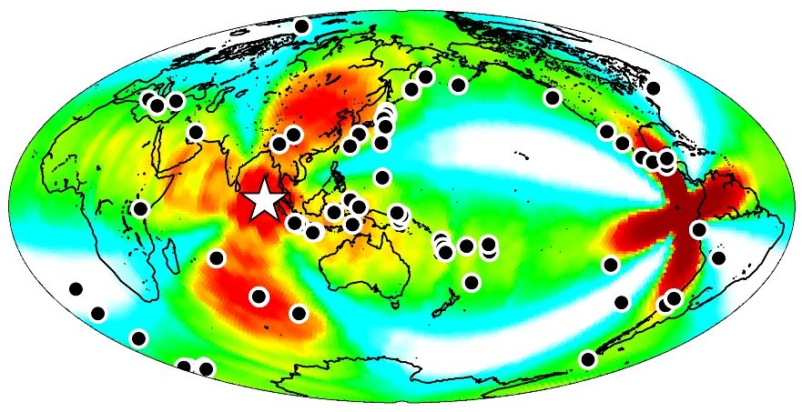 A map of the earthquakes triggered around the globe within a week of the April 2012 earthquake off the coast of Sumatra, shown as a white star.