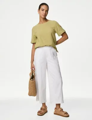 Linen Rich Wide Leg Cropped Trousers