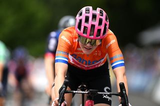 STIRLING AUSTRALIA JANUARY 19 Final overall race winner Noemi Ruegg of Switzerland and Team EF EducationOatly Orange Santos Leaders Jersey crosses the finish line during the 9th Santos Womens Tour Down Under 2025 Stage 3 a 1059km stage from Stirling to Stirling 444m UCIWWT on January 19 2025 in Stirling Australia Photo by Dario BelingheriGetty Images