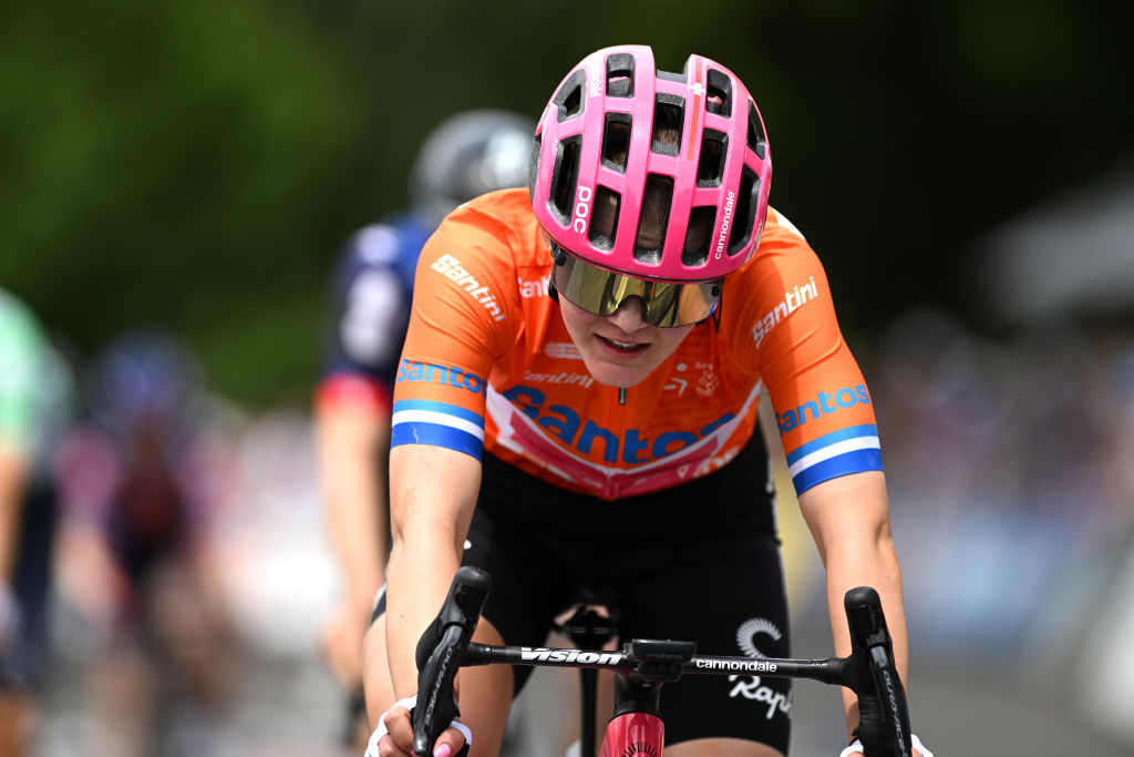 STIRLING AUSTRALIA JANUARY 19 Final overall race winner Noemi Ruegg of Switzerland and Team EF EducationOatly Orange Santos Leaders Jersey crosses the finish line during the 9th Santos Womens Tour Down Under 2025 Stage 3 a 1059km stage from Stirling to Stirling 444m UCIWWT on January 19 2025 in Stirling Australia Photo by Dario BelingheriGetty Images