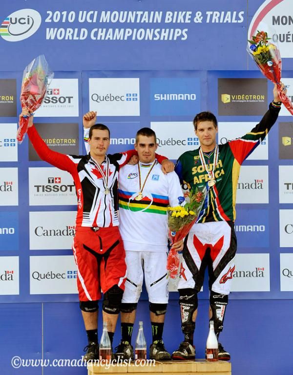 Men's downhill world championship podium: Steve Smith (Canada), Sam Hill (Australia), Greg Minnaar (South Africa)