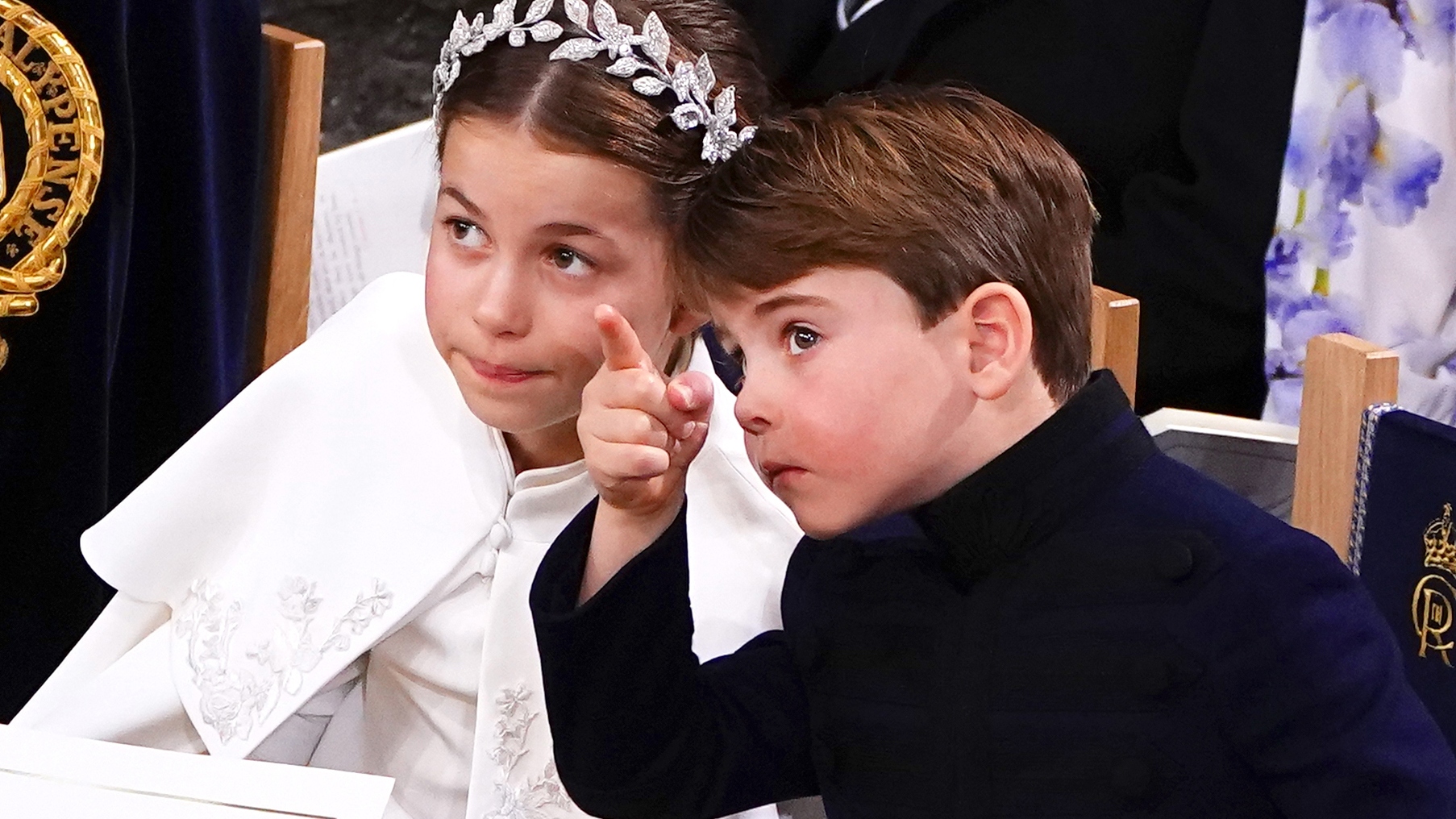 Prince Louis and Princess Charlotte attend the Coronation of King Charles III and Queen Camilla at Westminster Abbey on May 6, 2023 in London, England