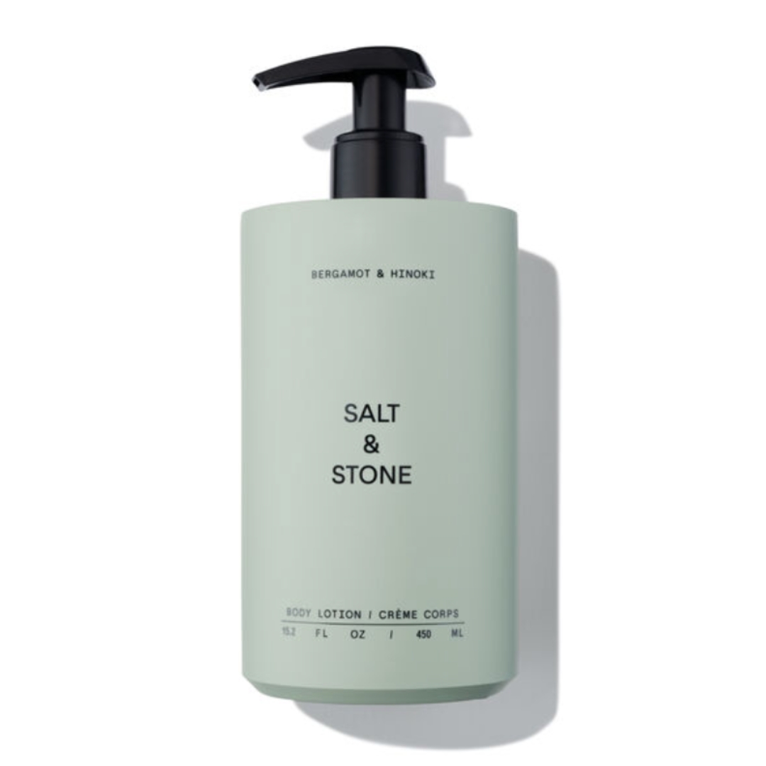 A product shot of the Salt &amp;amp; Stone Bergamot &amp;amp; Hinoki Body Lotion, on a white background