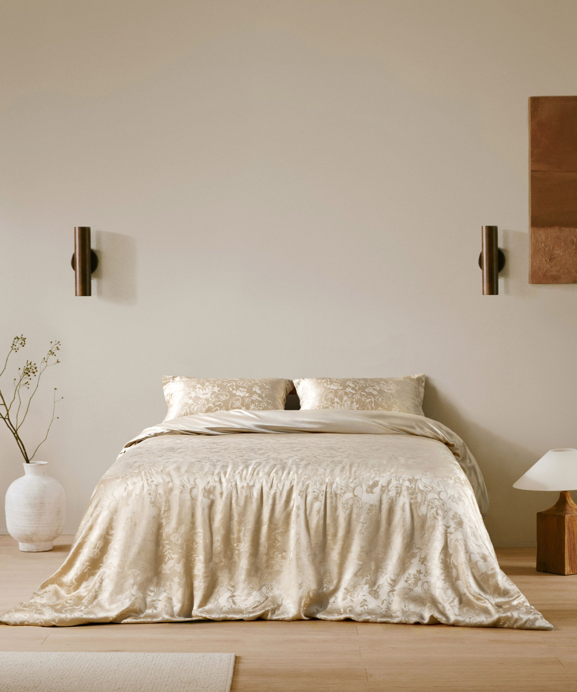 Silk bedscape adorned with lily embroidery
