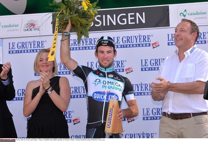 Mark Cavendish (Omega Pharma-Quickstep) celebrates his Tour de Suisse stage win