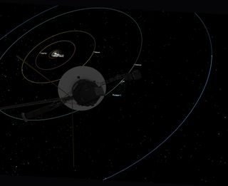 An artist's illustration showing where Voyager 1 and the planets were when the spacecraft took the iconic "Pale Blue Dot" image.