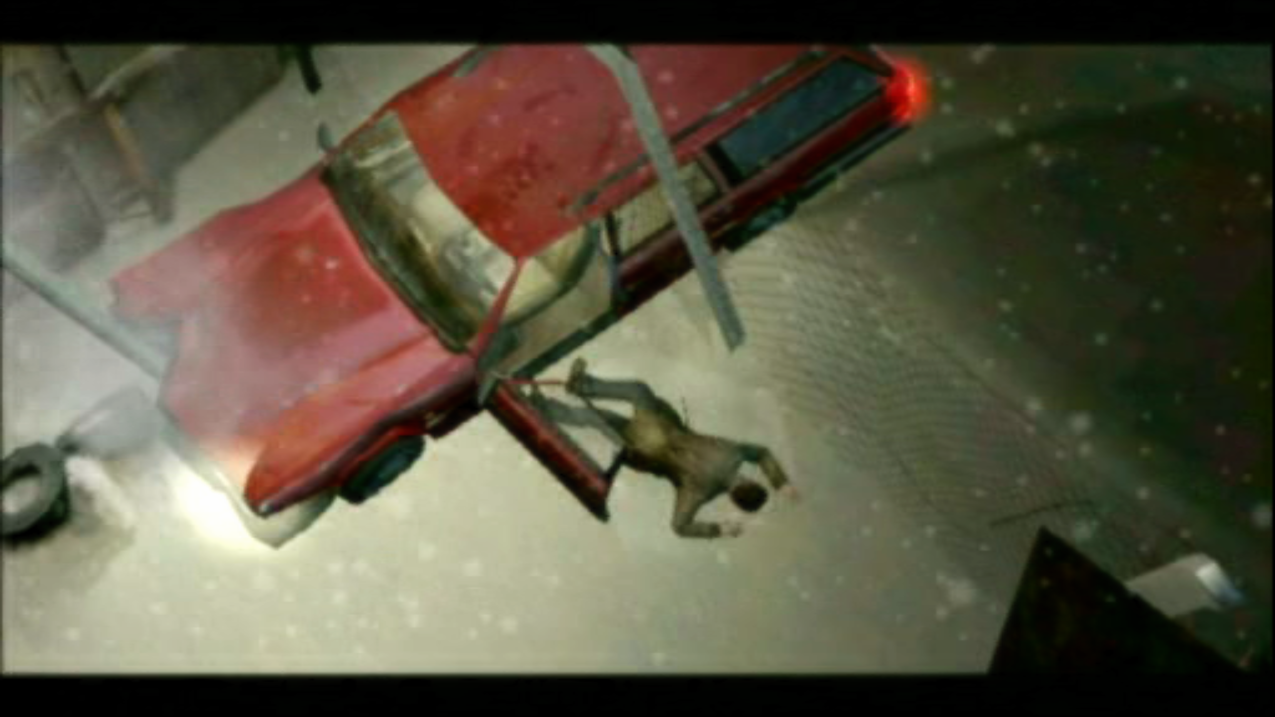 Screenshot of Silent Hill: Shattered Memories (main character face down on snowy ground next to crashed car)