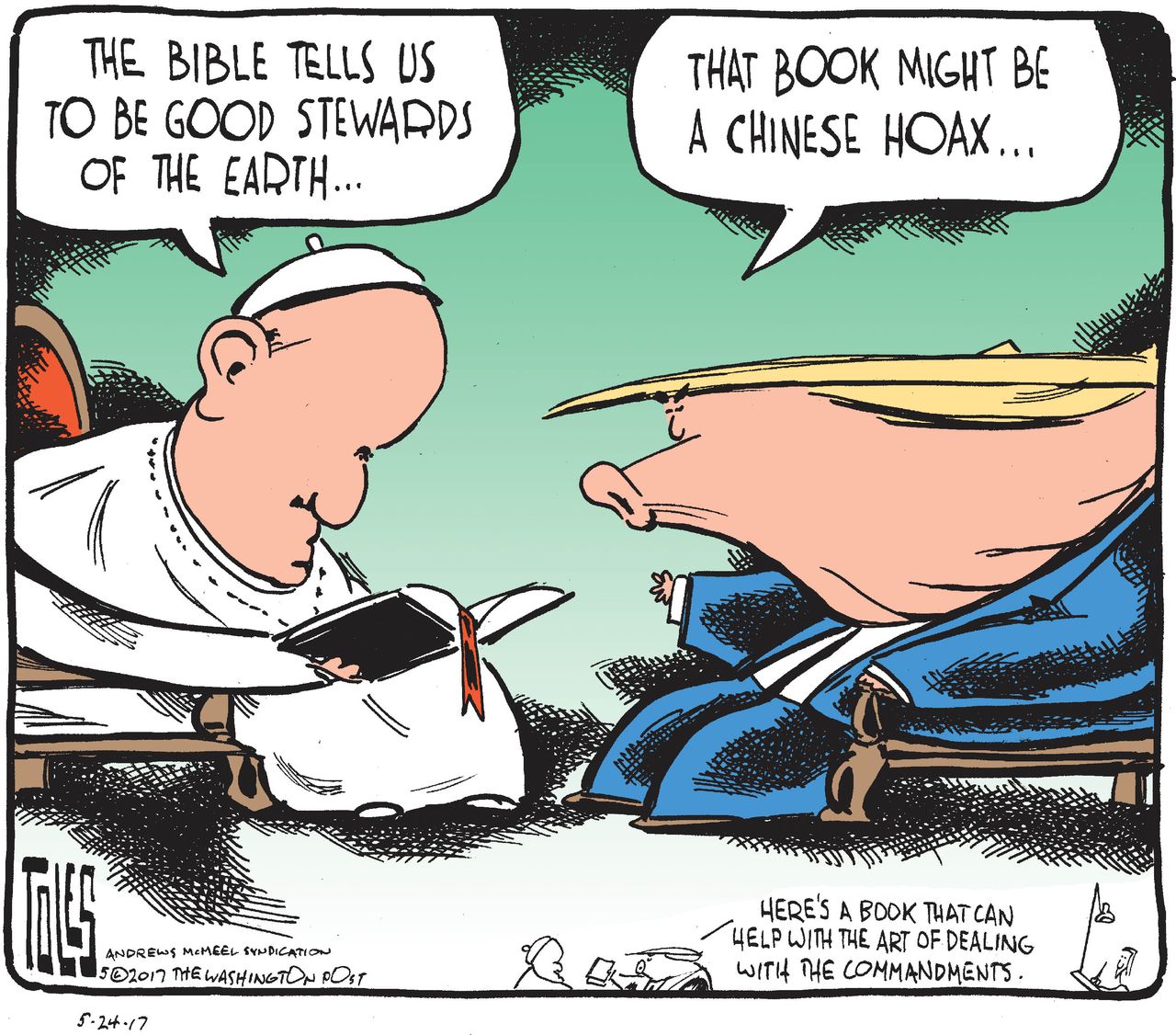 Political cartoon U.S. Trump abroad Pope Francis climate change China