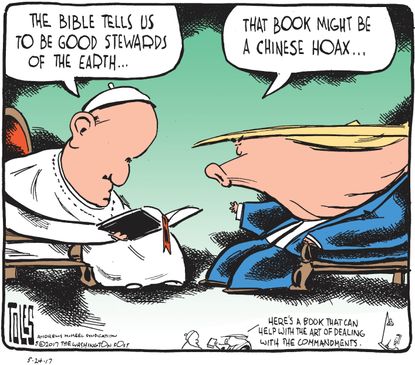 Political cartoon U.S. Trump abroad Pope Francis climate change China
