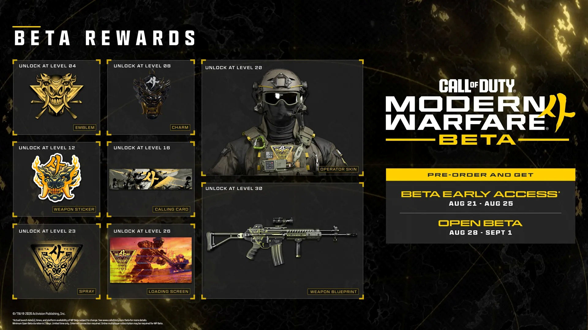 Beta Rewards for Call of Duty: Modern Warfare 4 include a weapon charm, loading screen, weapon blueprint, and Operator skin.