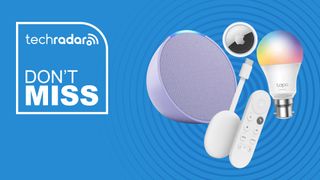 An Echo Pop speaker, an Apple AirTag, a Google Chromecast and a smart light are arranged on a blue background. Text beside them reads 'don't miss'.