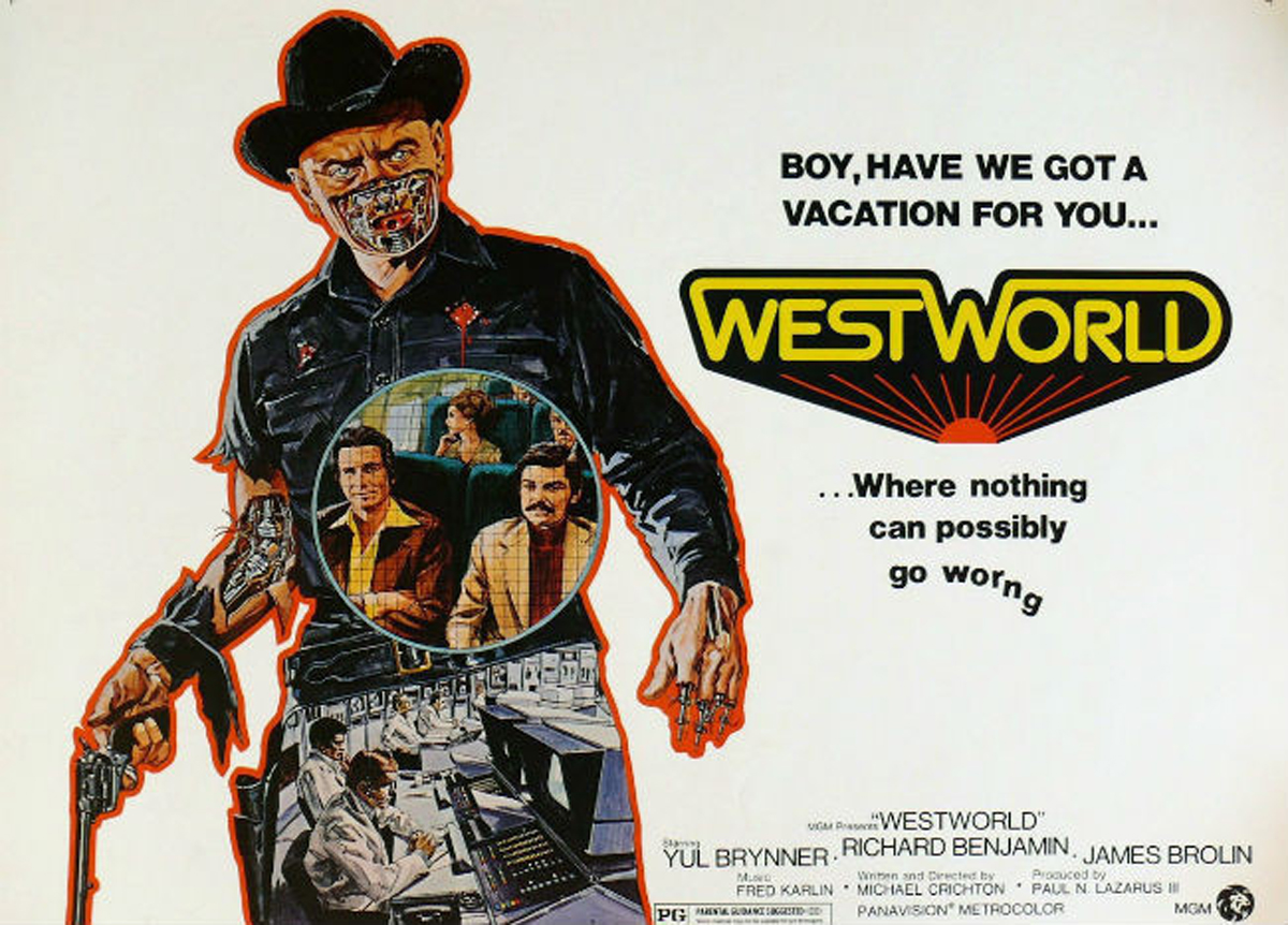 A movie poster for Westworld, showing robots running amok in an amusement park.