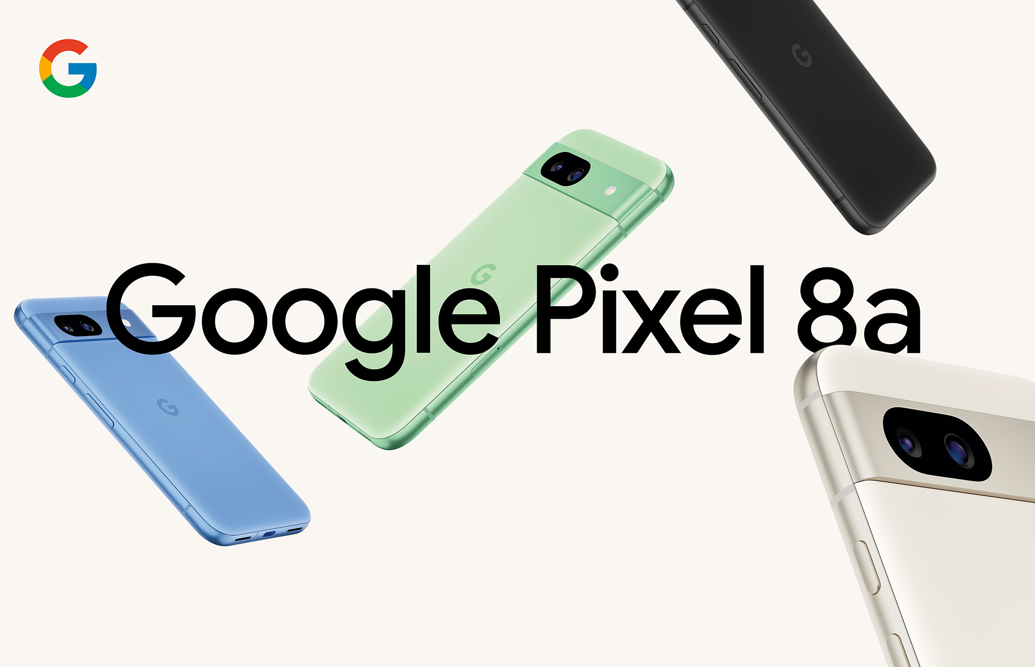 Tous les coloris du Google Pixel 8a disposés autour du nom du téléphone