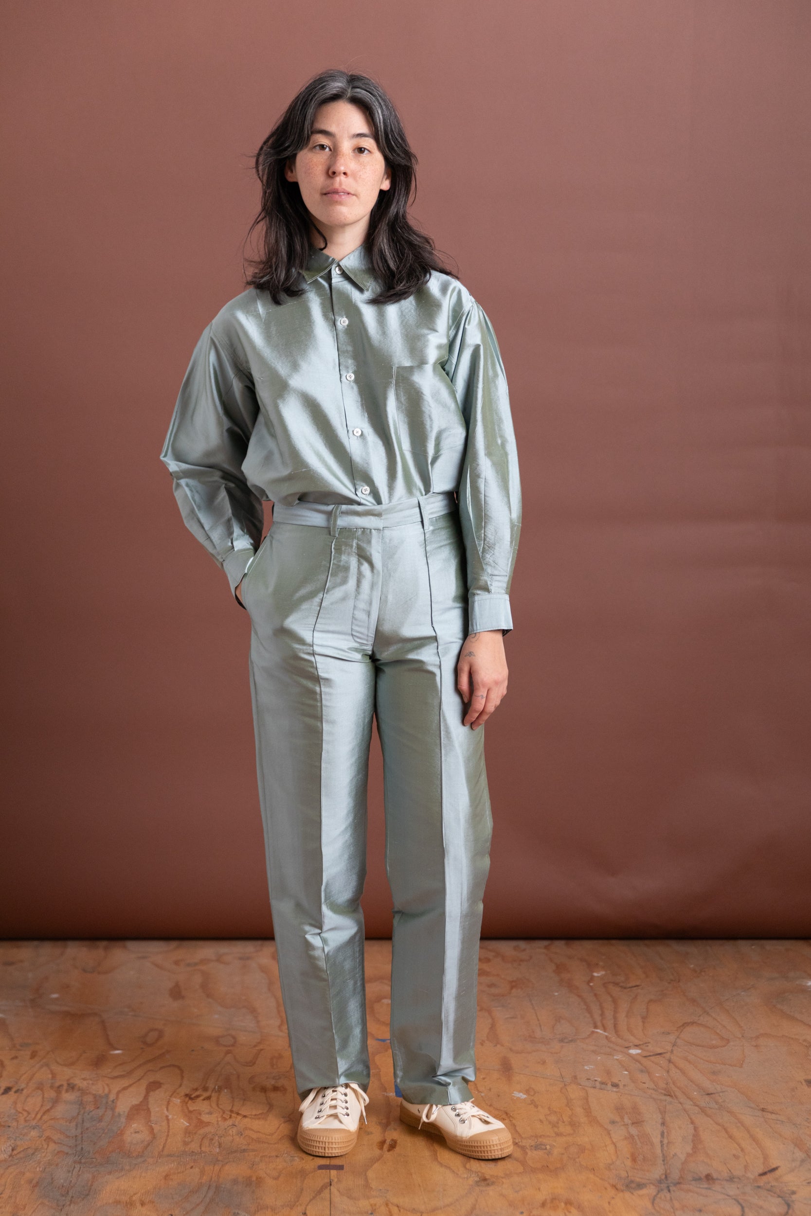 Niles Trouser in Mint Silk Taffeta - Extra Small