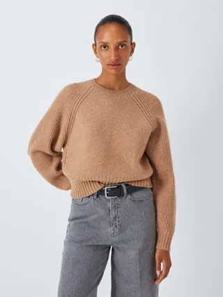 John Lewis Wool Blend Crew Neck Crop Shepherd Jumper, Charcoal