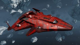 A red PYTHON MK II STELLAR spaceship in Elite Dangerous.