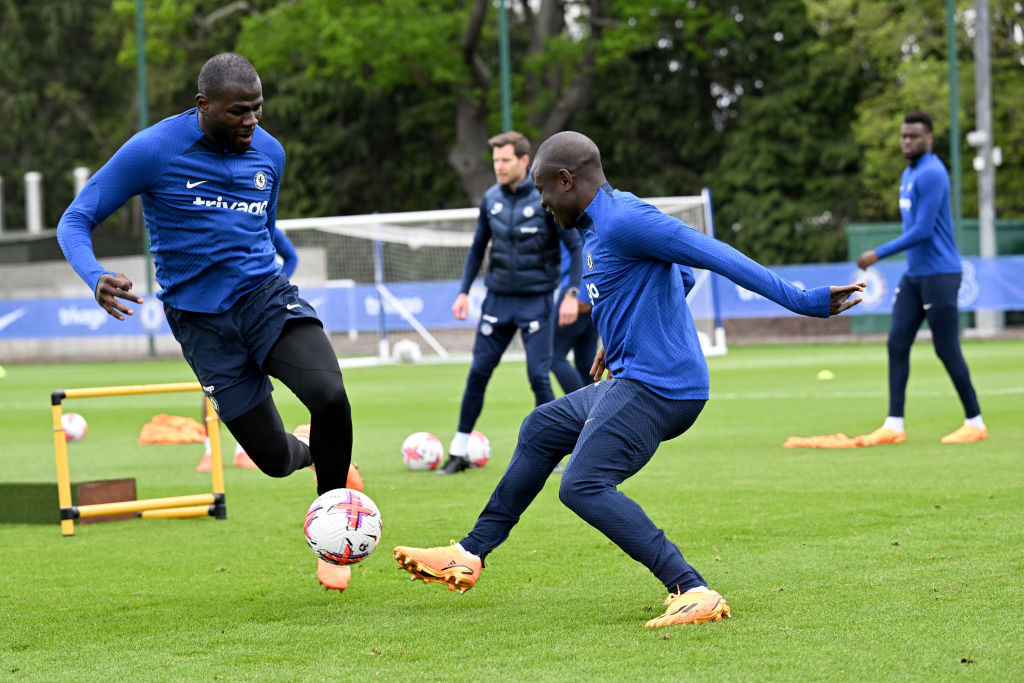 COBHAM, ENGLAND - MAY 12: Kalidou Koulibaly and N'Golo Kante of Chelsea during a training session at Chelsea Training Ground on May 12, 2023 in Cobham, England. (Photo by Darren Walsh/Chelsea FC via Getty Images)