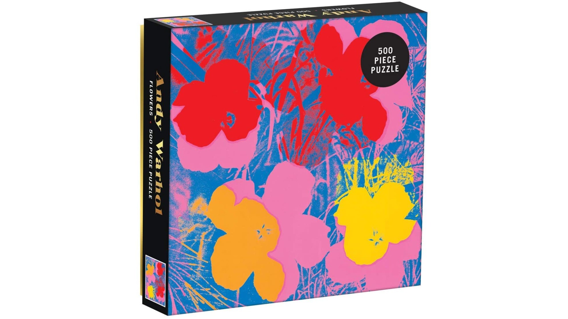 Jigsaw box cover featuring stylised screenprints of flowers