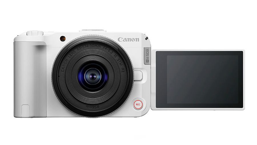 Canon EOS R50 V in white, against a white background