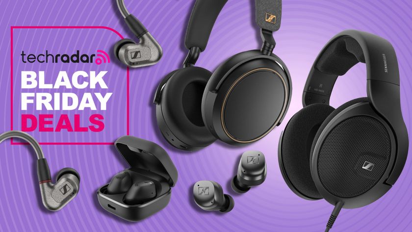 Sennheiser headphons and earbuds on purple background, with TechRadar&#039;s &#039;Black Friday deals&#039; badge in white and pink