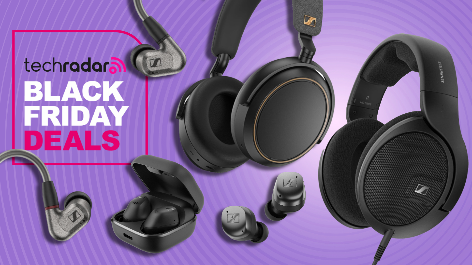 Sennheiser headphons and earbuds on purple background, with TechRadar&#039;s &#039;Black Friday deals&#039; badge in white and pink
