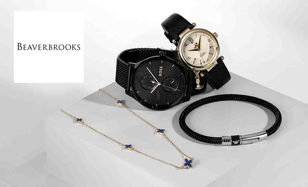 Beaverbrooks logo placed over black watches, jewellery