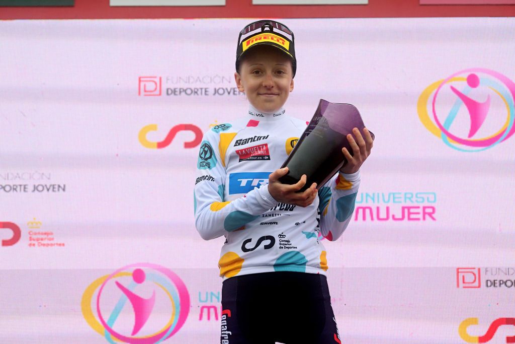 LAGOS DE COVADONGA SPAIN MAY 07 Gaia Realini of Italy and Team TrekSegafredo celebrates at podium as Polka dot Mountain Jersey winner during the 9th La Vuelta Femenina 2023 Stage 7 a 937km stage from Pola de Siero to Lagos de Covadonga 1079m UCIWWT on May 07 2023 in Lagos de Covadonga Spain Photo by Dario BelingheriGetty Images